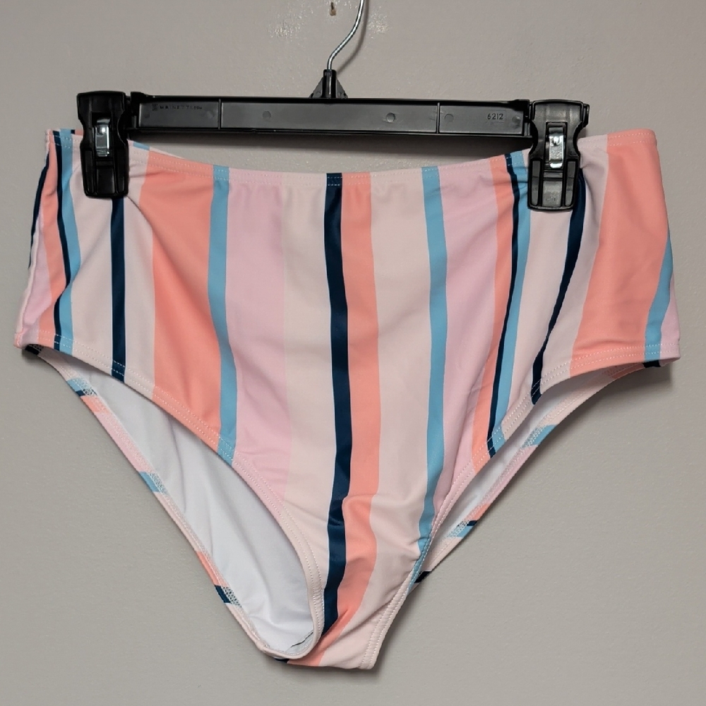 Striped High-Waist Bikini Bottoms - Coral, Light Pink & Navy